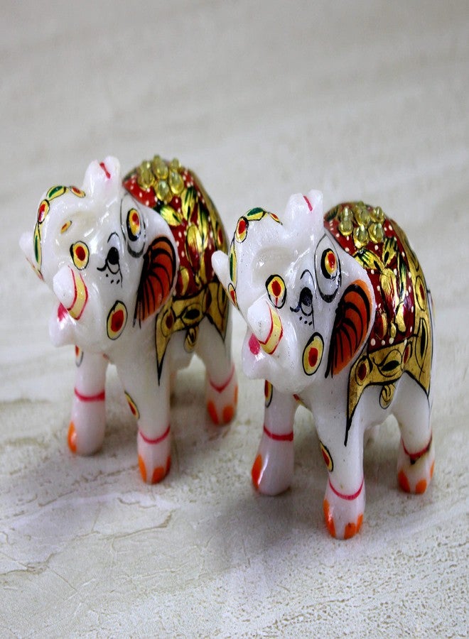 ESPLANADE Marble Elephant Family - Set of 2 - Sculpture Showpiece Figurines - Home Decor - White Multi - 3" Inches (Small) - Image 4